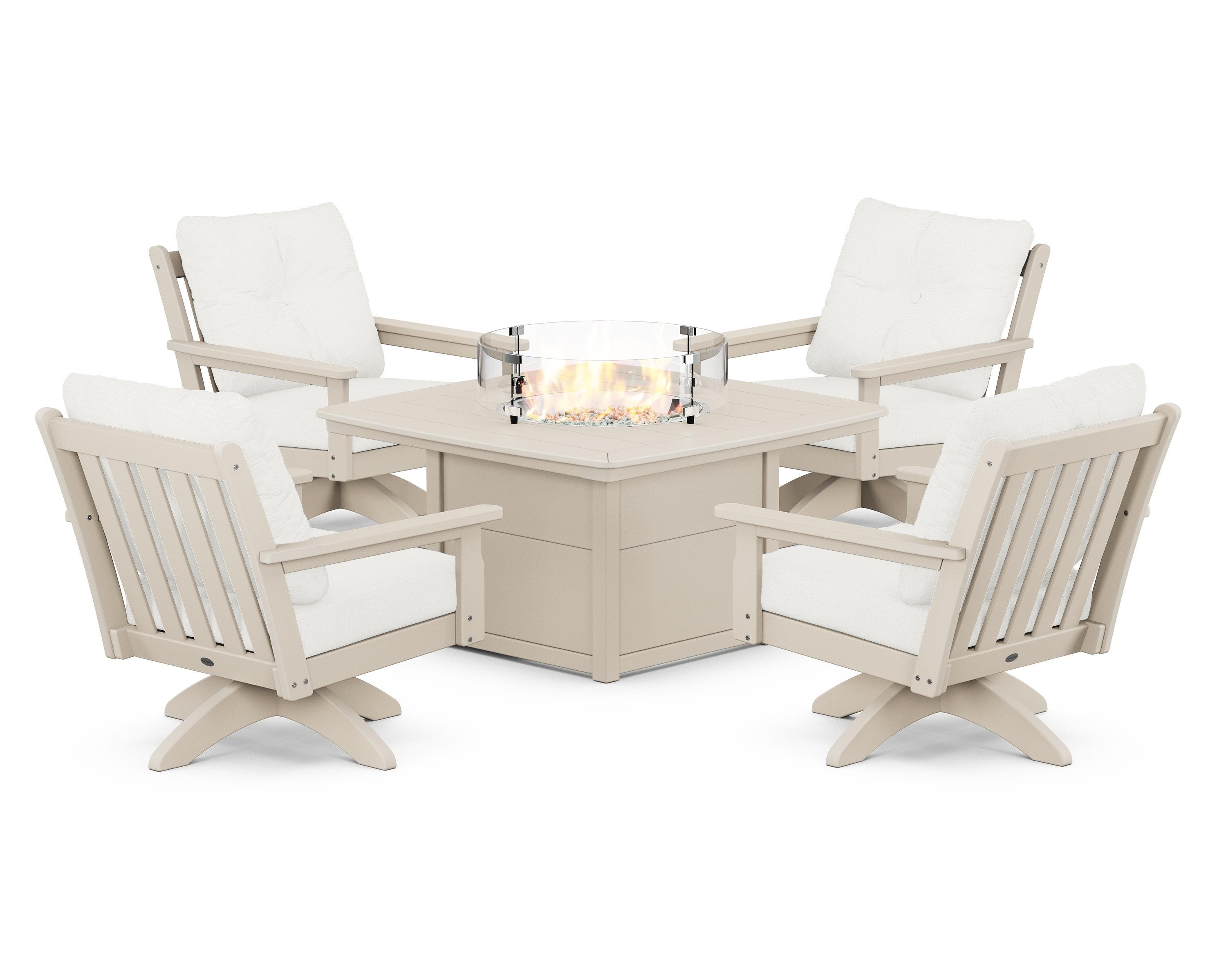 POLYWOOD® Vineyard 5-Piece Deep Seating Swivel Conversation Set with Fire Pit Table in Sand / Natural Linen