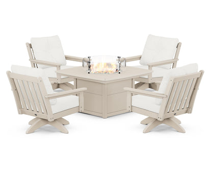 POLYWOOD® Vineyard 5-Piece Deep Seating Swivel Conversation Set with Fire Pit Table in Sand / Natural Linen