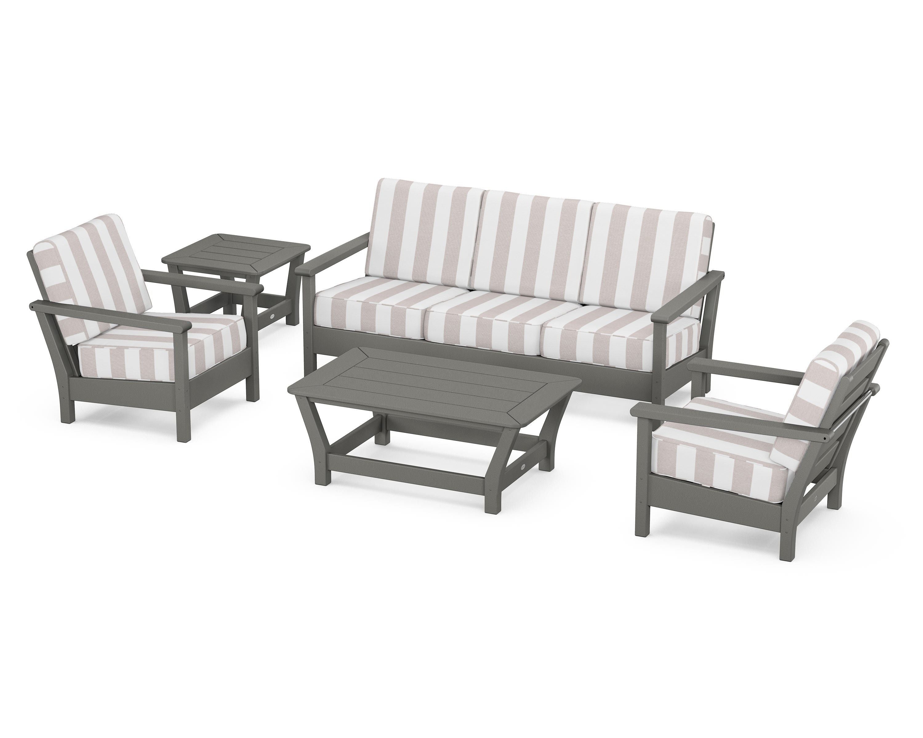 POLYWOOD® Harbour 5-Piece Deep Seating Set in Slate Grey / Cabana Stripe Dune Burlap