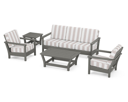 POLYWOOD® Harbour 5-Piece Deep Seating Set in Slate Grey / Cabana Stripe Dune Burlap