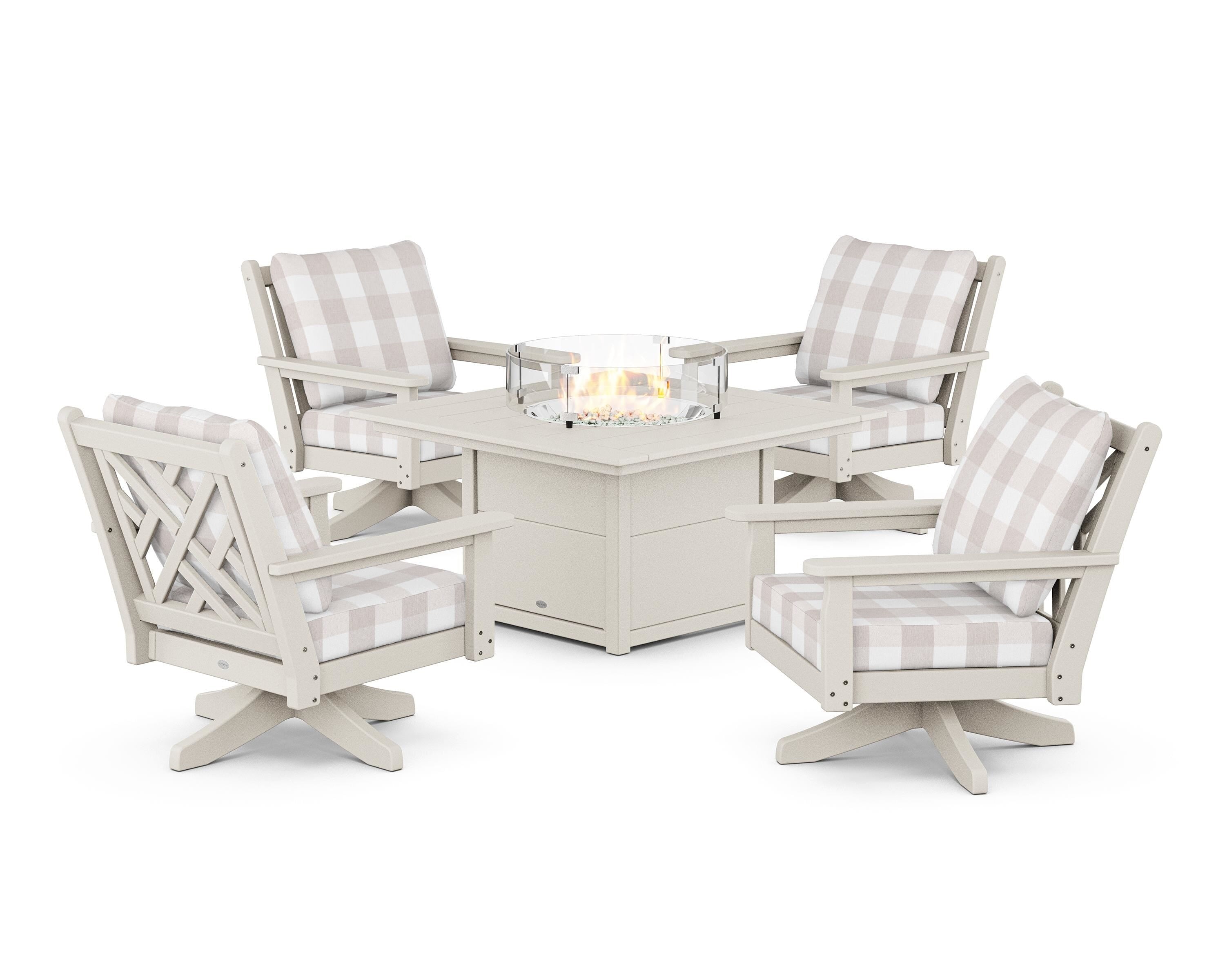 POLYWOOD® Chippendale 5-Piece Deep Seating Swivel Conversation Set with Fire Pit Table in Sand / Buffalo Plaid Dune Burlap