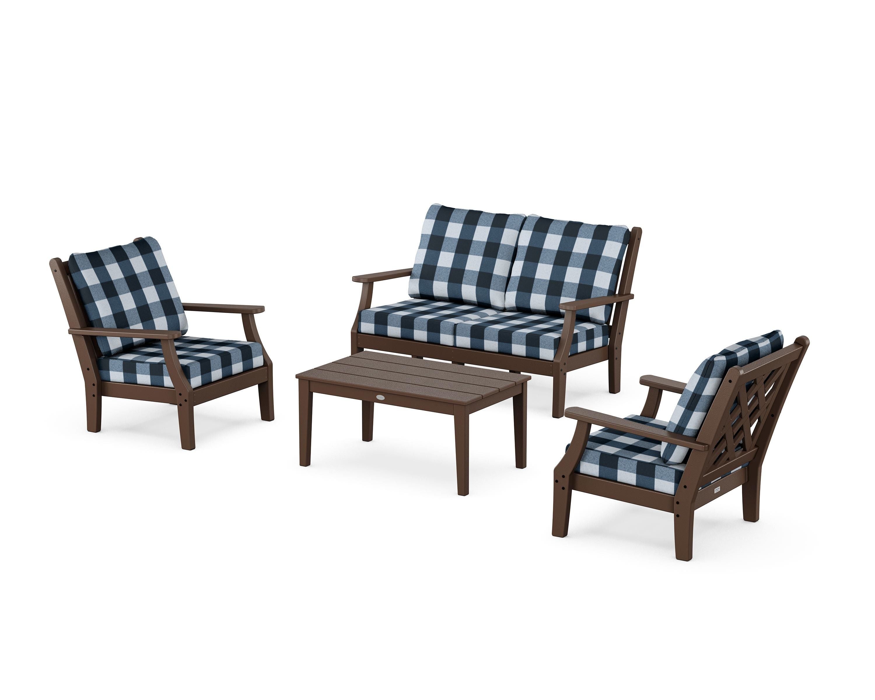 Country Living Wovendale 4-Piece Deep Seating Set with Loveseat in Mahogany / Buffalo Plaid Marine Indigo