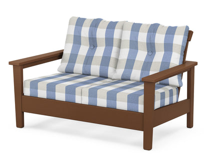POLYWOOD® Prescott Deep Seating Loveseat in Teak / Buffalo Plaid Sky Blue