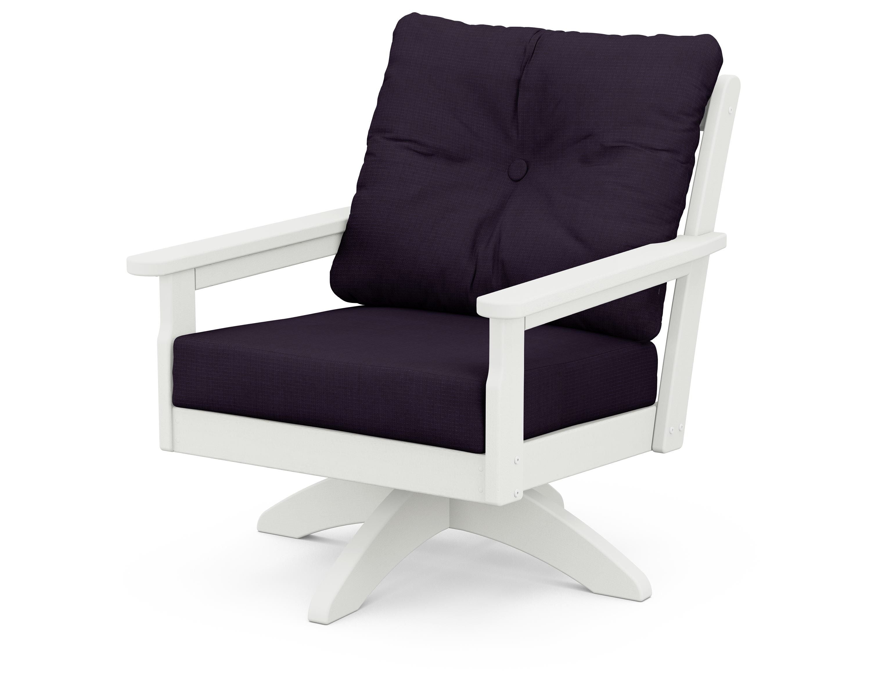 POLYWOOD® Vineyard Deep Seating Swivel Chair in Vintage White / Navy Linen