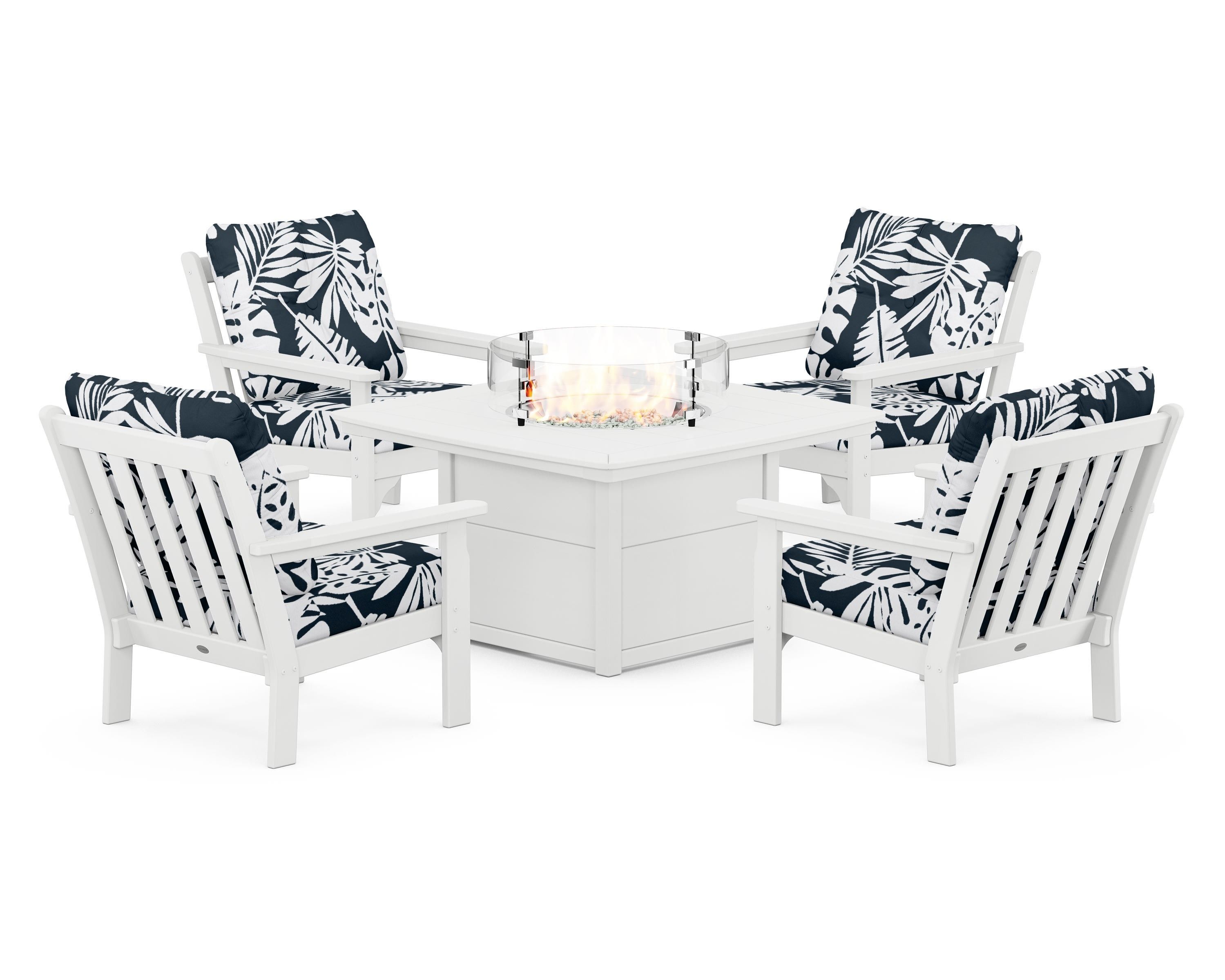 POLYWOOD® Vineyard 5-Piece Conversation Set with Fire Pit Table in White / Leaf Marine Indigo