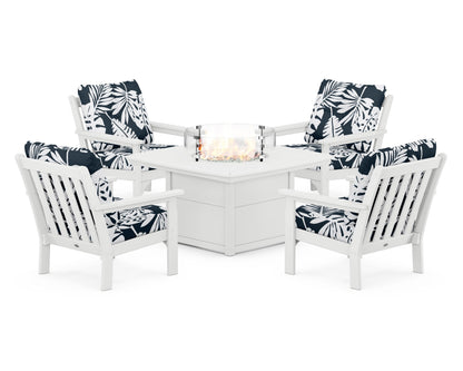 POLYWOOD® Vineyard 5-Piece Conversation Set with Fire Pit Table in White / Leaf Marine Indigo