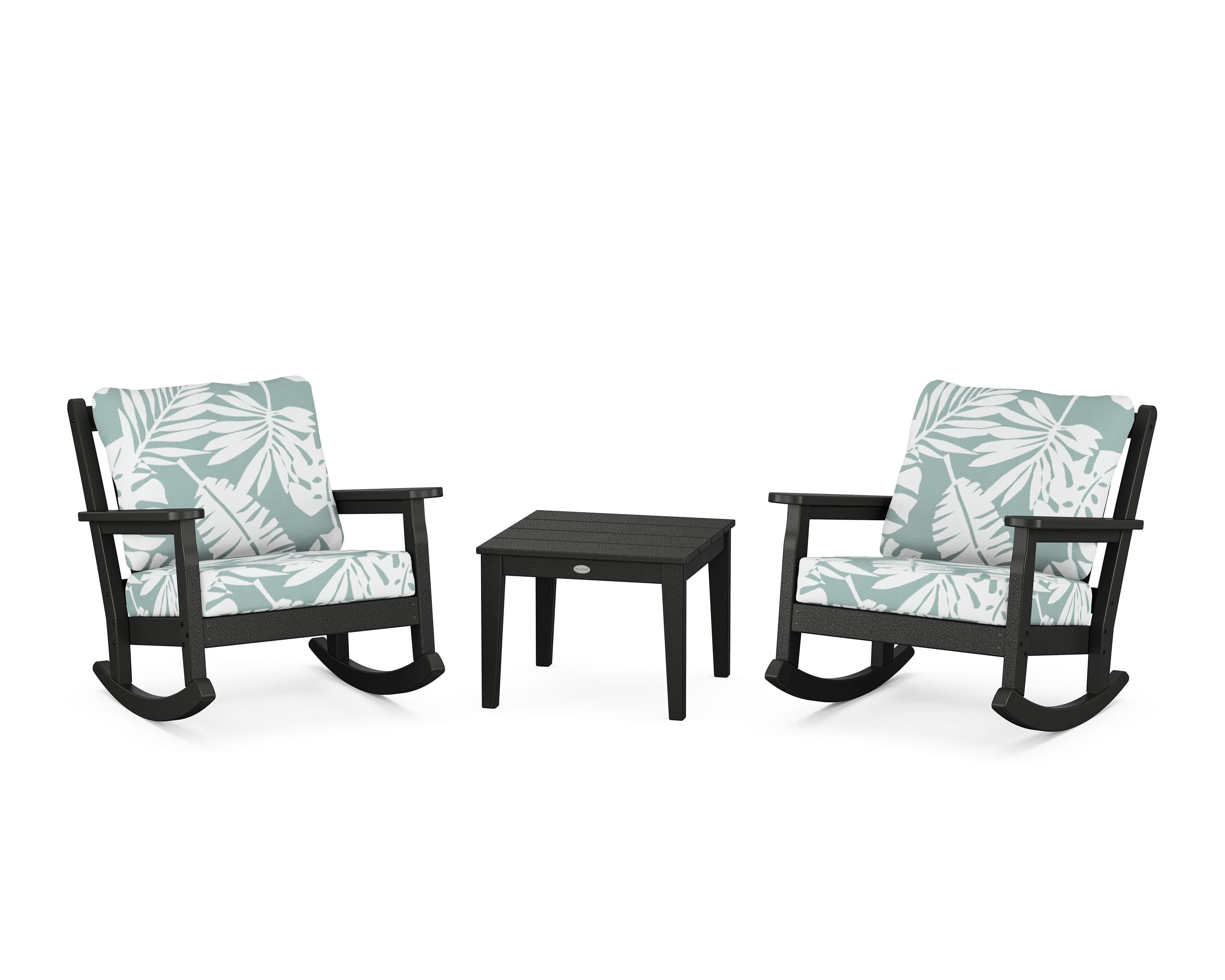 POLYWOOD® Chippendale 3-Piece Deep Seating Rocker Set in Black / Leaf Glacier Spa