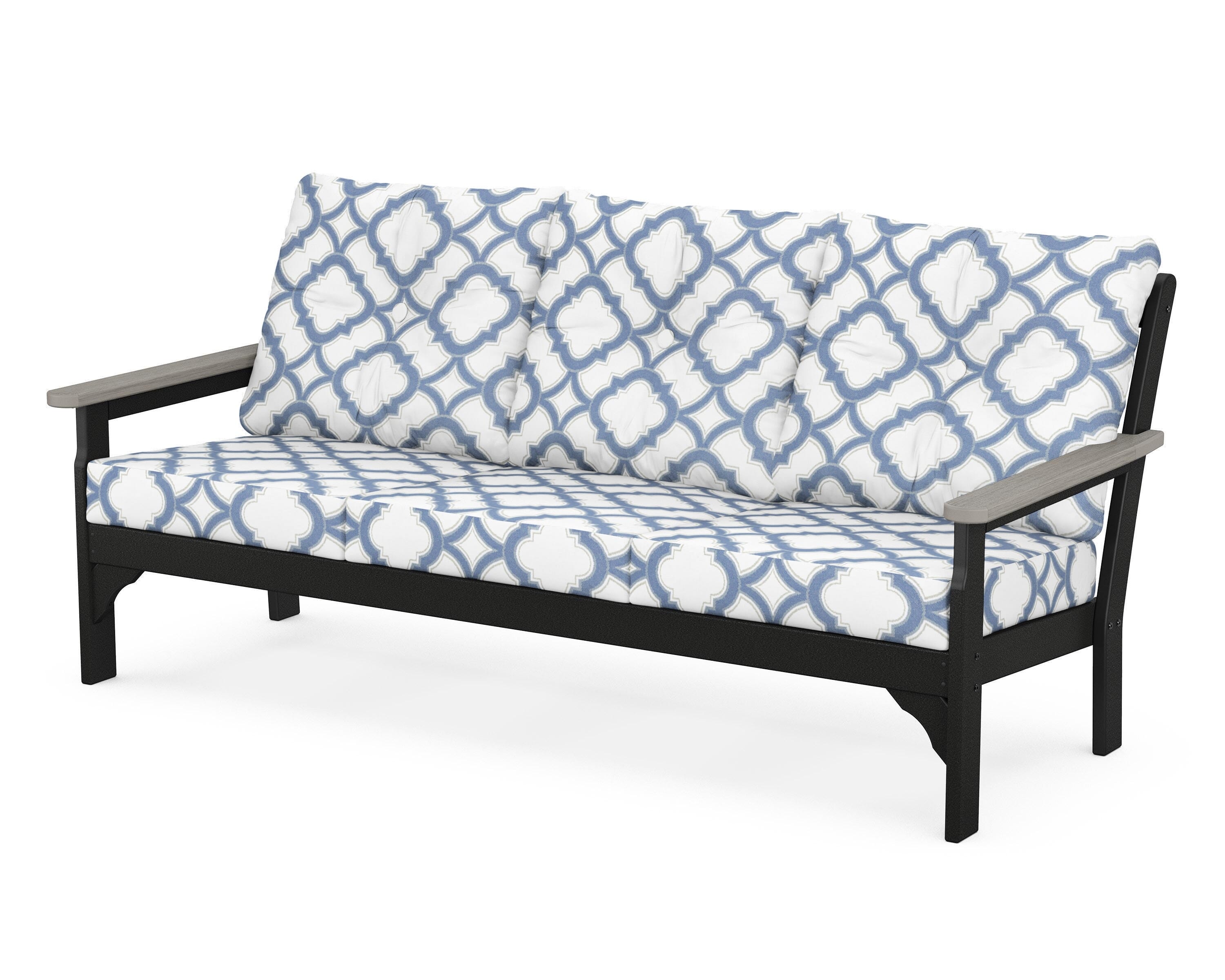 POLYWOOD® Vineyard Deep Seating Sofa in Black / Driftwood / Trellis Sky Blue