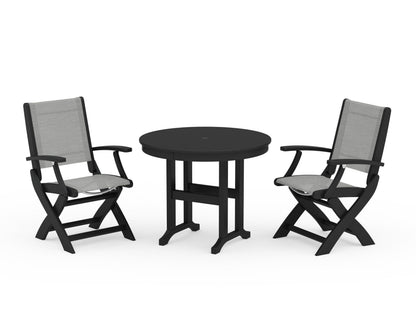 POLYWOOD® Coastal Folding Chair 3-Piece Round Dining Set in Black / Metallic Sling