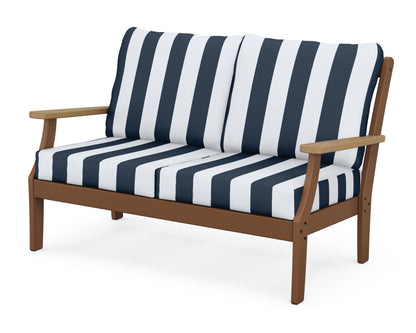 POLYWOOD® Braxton Deep Seating Loveseat in Teak / Natural / Cabana Stripe Marine Indigo