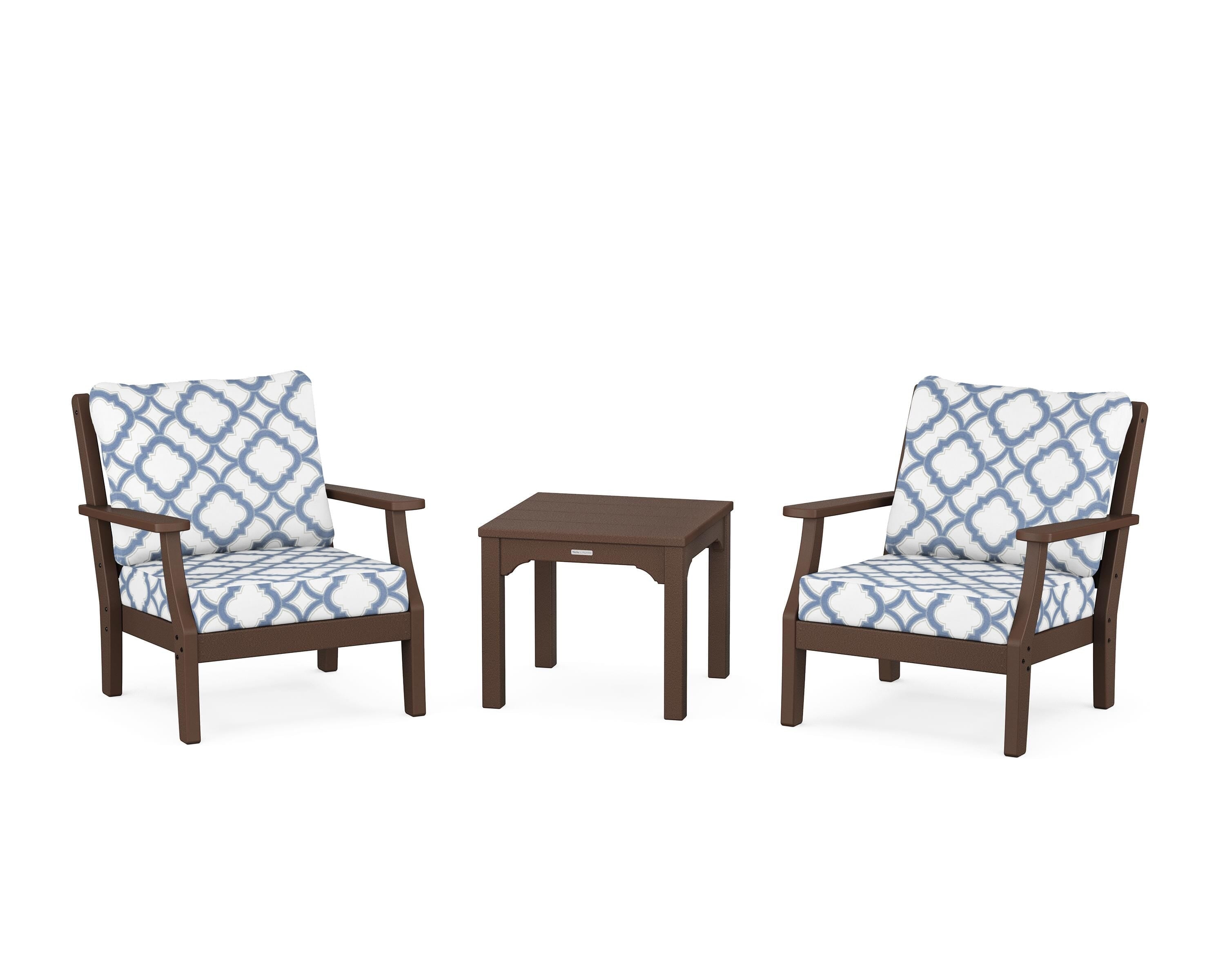 Martha Stewart by POLYWOOD® Chinoiserie 3-Piece Deep Seating Set in Mahogany / Trellis Sky Blue