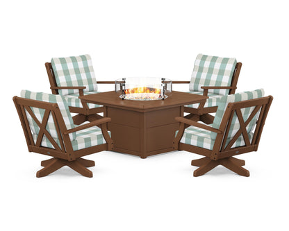 POLYWOOD® Braxton 5-Piece Deep Seating Swivel Conversation Set with Fire Pit Table in Teak / Buffalo Plaid Glacier Spa