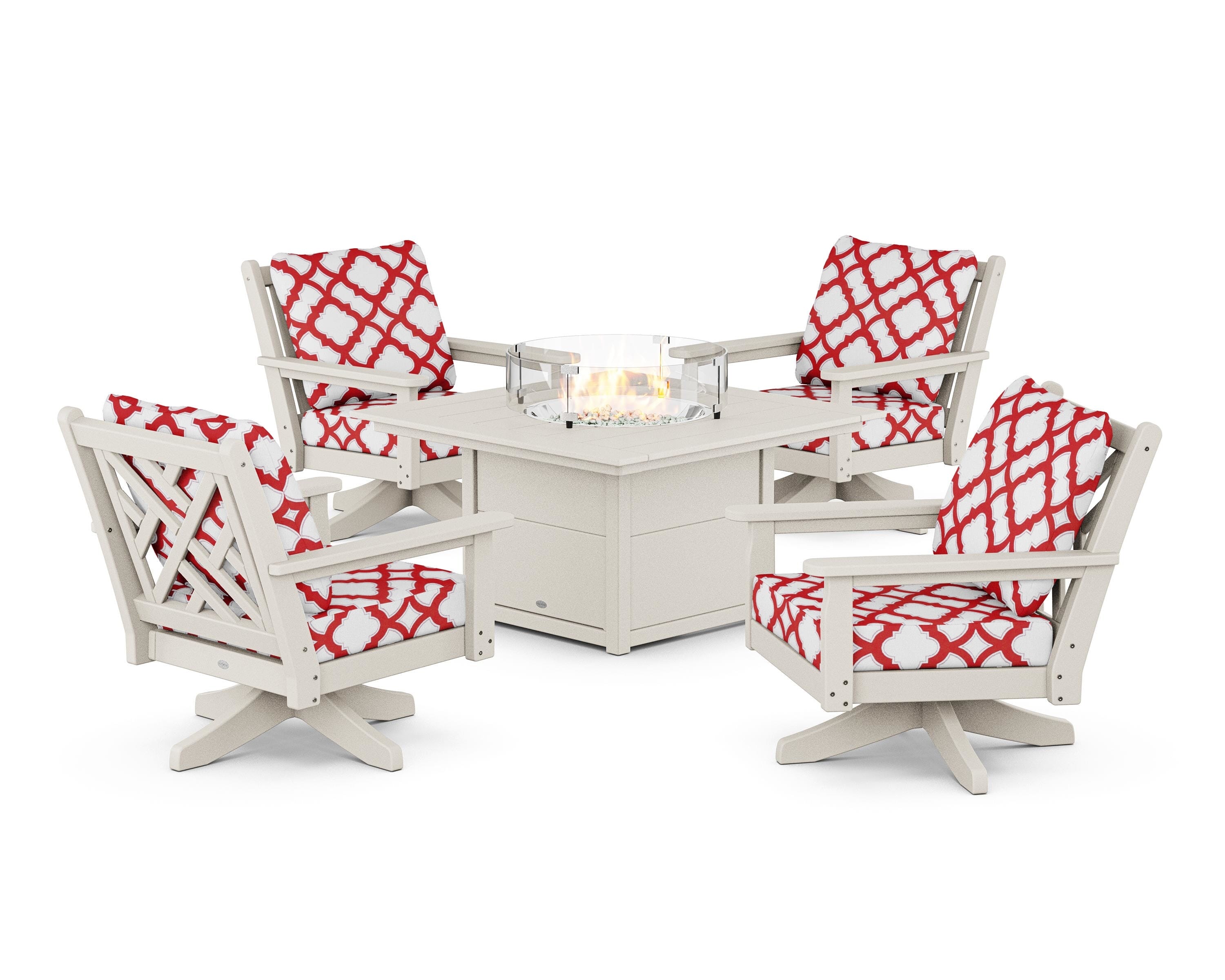 POLYWOOD® Chippendale 5-Piece Deep Seating Swivel Conversation Set with Fire Pit Table in Sand / Trellis Crimson