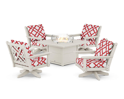 POLYWOOD® Chippendale 5-Piece Deep Seating Swivel Conversation Set with Fire Pit Table in Sand / Trellis Crimson