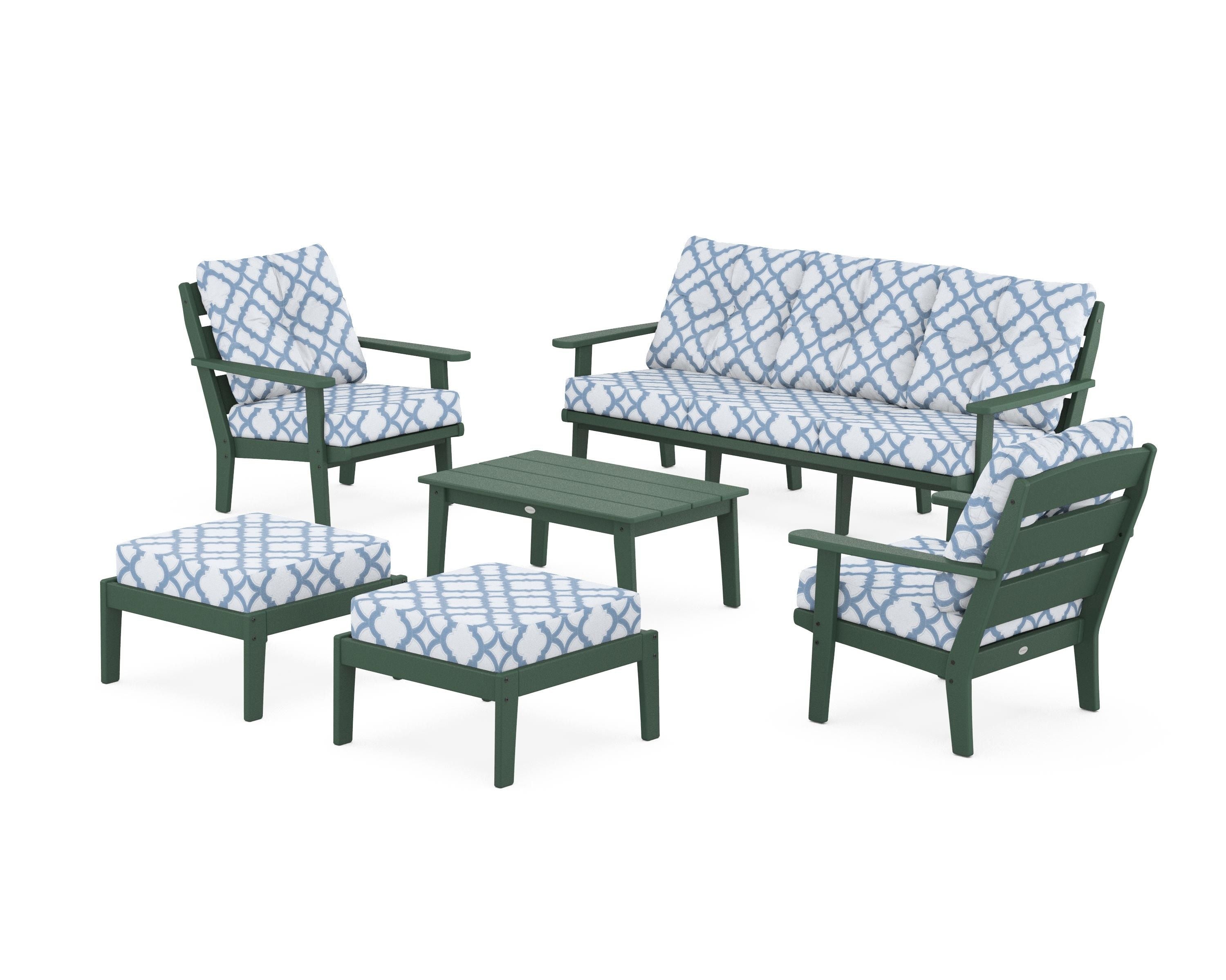 POLYWOOD® Lakeside 6-Piece Lounge Sofa Set in Green / Trellis Sky Blue