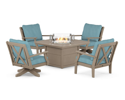 POLYWOOD® Braxton 5-Piece Deep Seating Set with Fire Table in Vintage Sahara / Lattice Sky Blue
