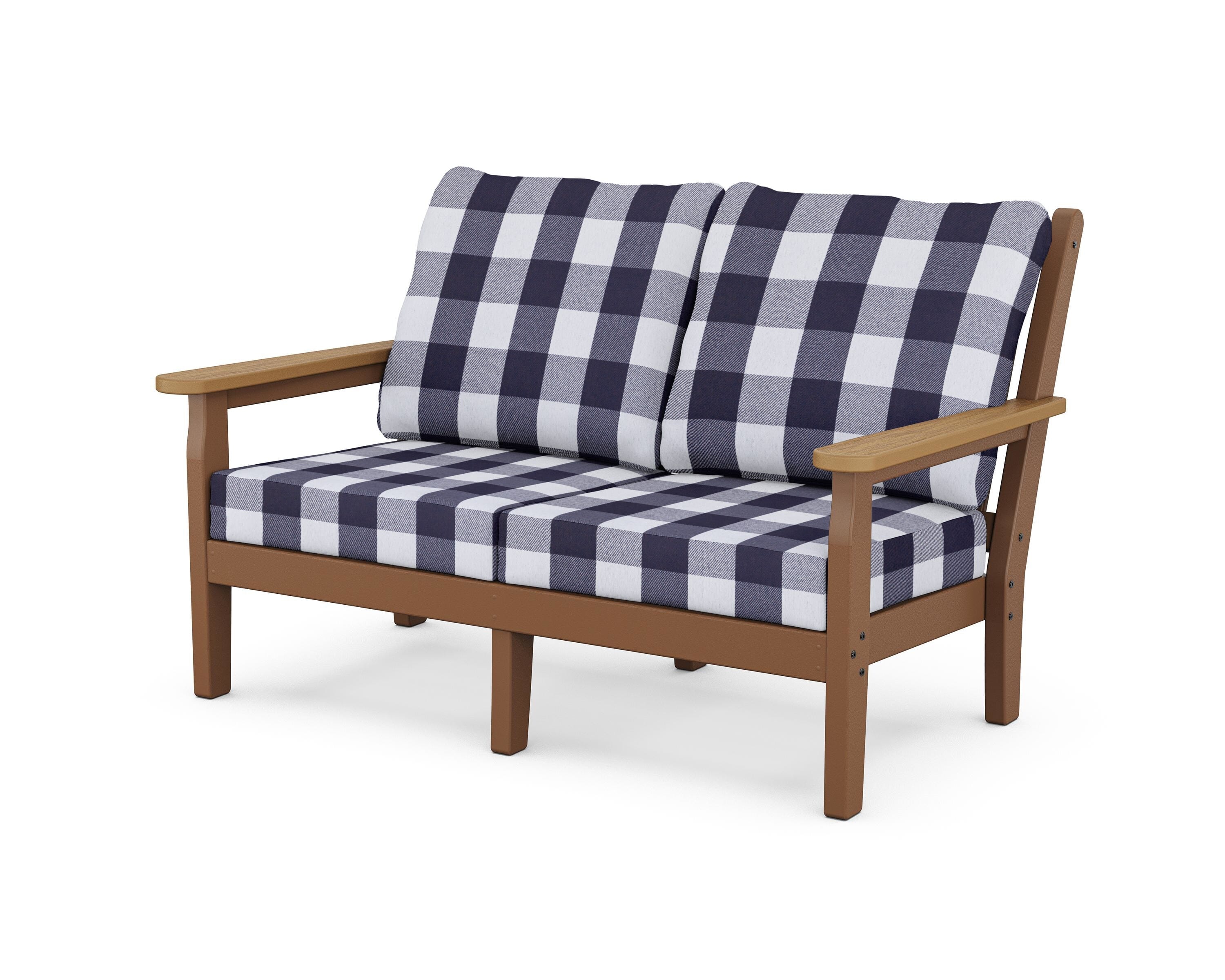 POLYWOOD® Chippendale Deep Seating Loveseat in Teak / Natural / Buffalo Plaid Navy
