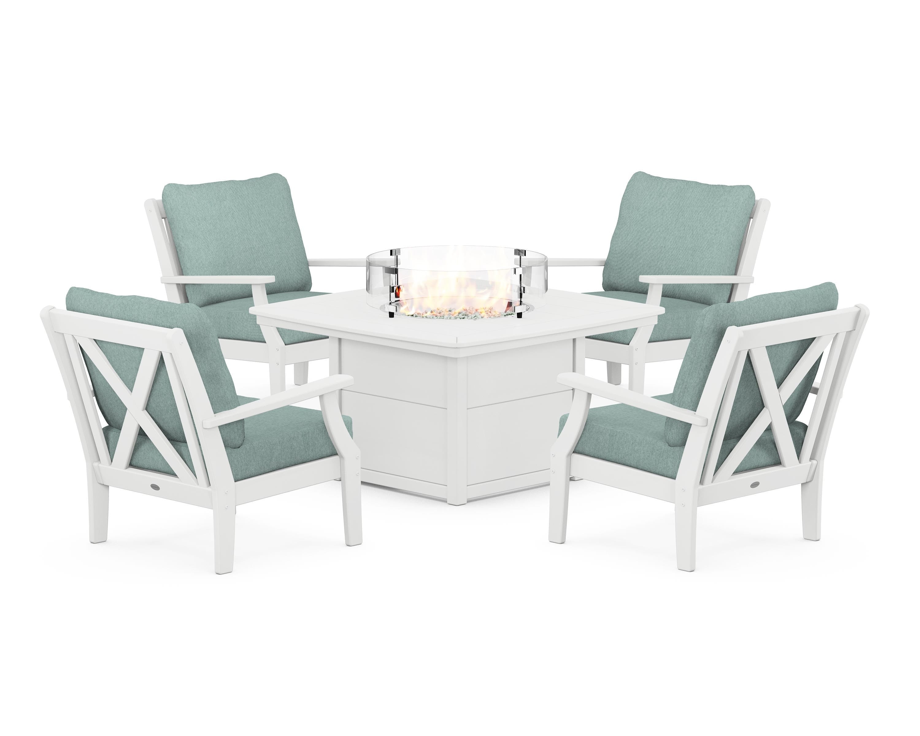 POLYWOOD® Braxton 5-Piece Deep Seating Conversation Set with Fire Pit Table in White / Glacier Spa