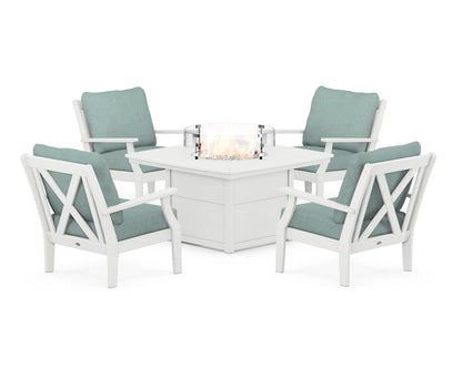 POLYWOOD® Braxton 5-Piece Deep Seating Conversation Set with Fire Pit Table in White / Glacier Spa