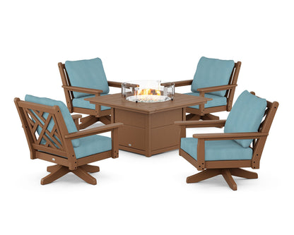 POLYWOOD® Chippendale 5-Piece Deep Seating Swivel Conversation Set with Fire Pit Table in Teak / Lattice Sky Blue