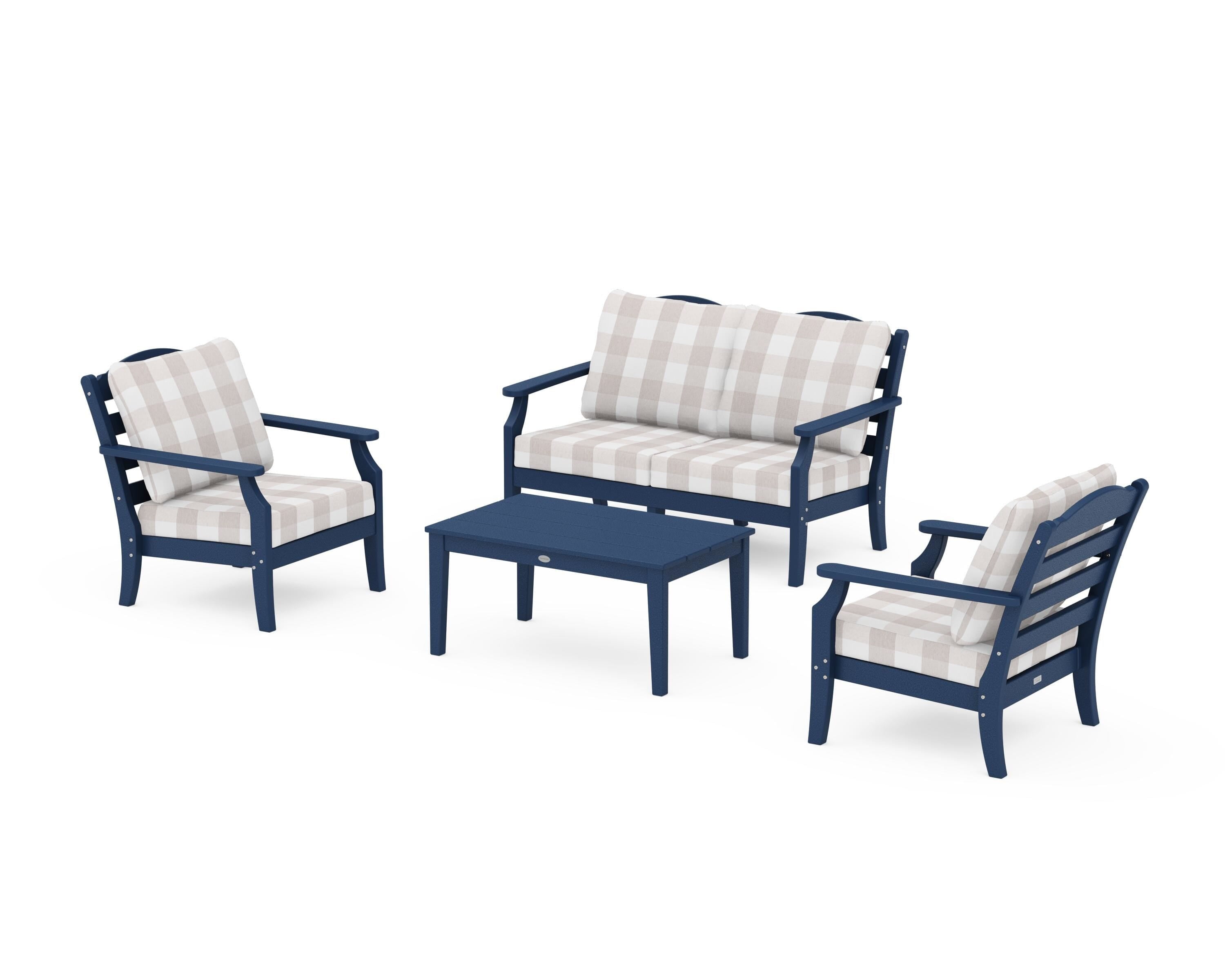 Draper James™ by  POLYWOOD® Savannah 4-Piece Deep Seating Set with Loveseat in Navy / Buffalo Plaid Dune Burlap