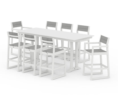 POLYWOOD® EDGE Sling 9-Piece Farmhouse Bar Set with Trestle Legs in White / Metallic Sling