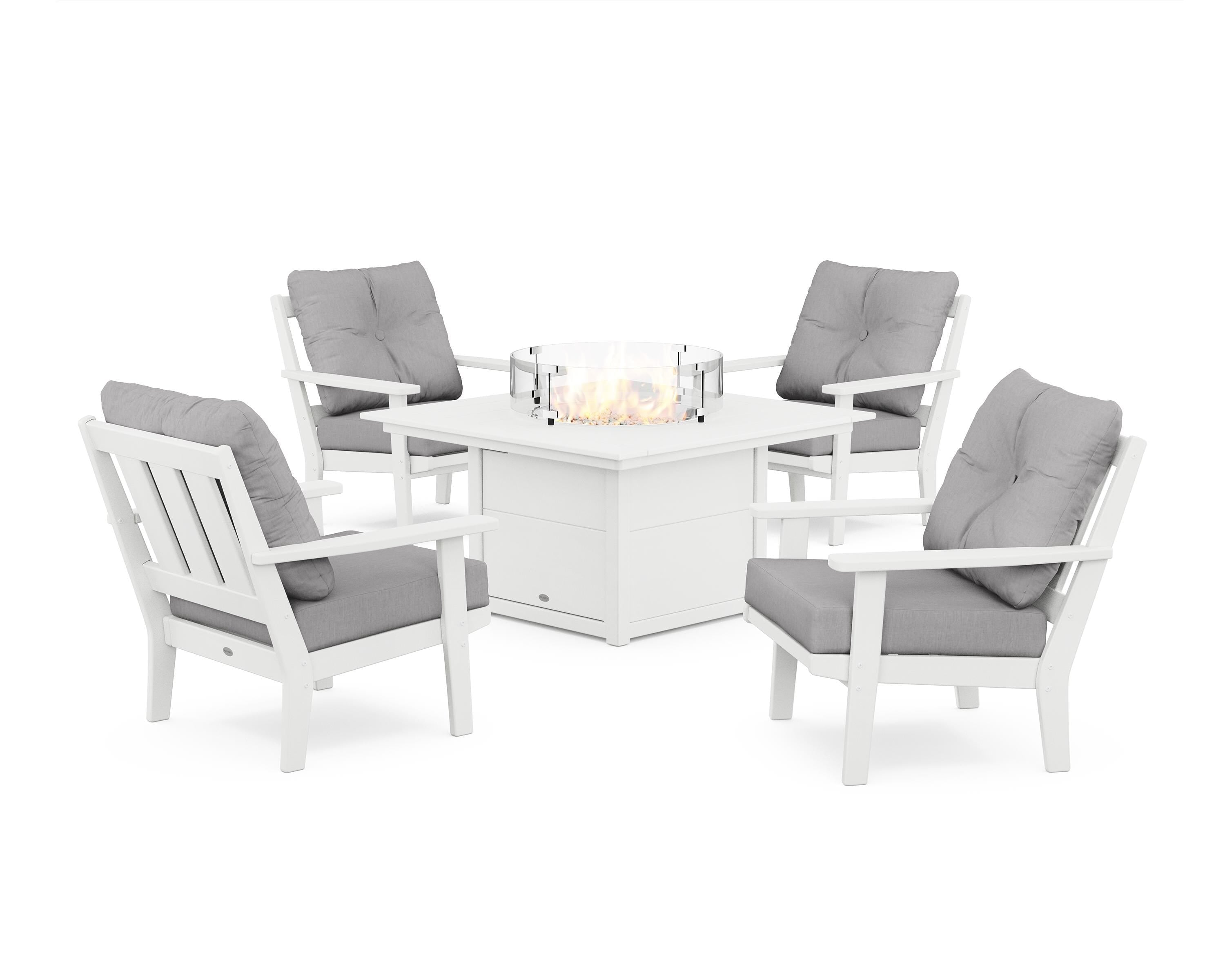 POLYWOOD® Oxford 5-Piece Deep Seating Set with Fire Pit Table in White / Granite