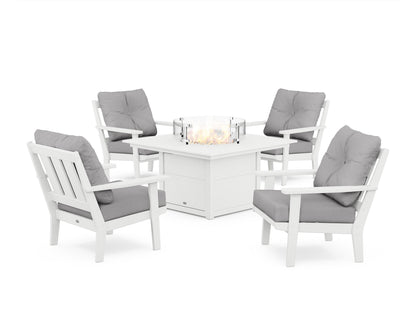 POLYWOOD® Oxford 5-Piece Deep Seating Set with Fire Pit Table in White / Granite
