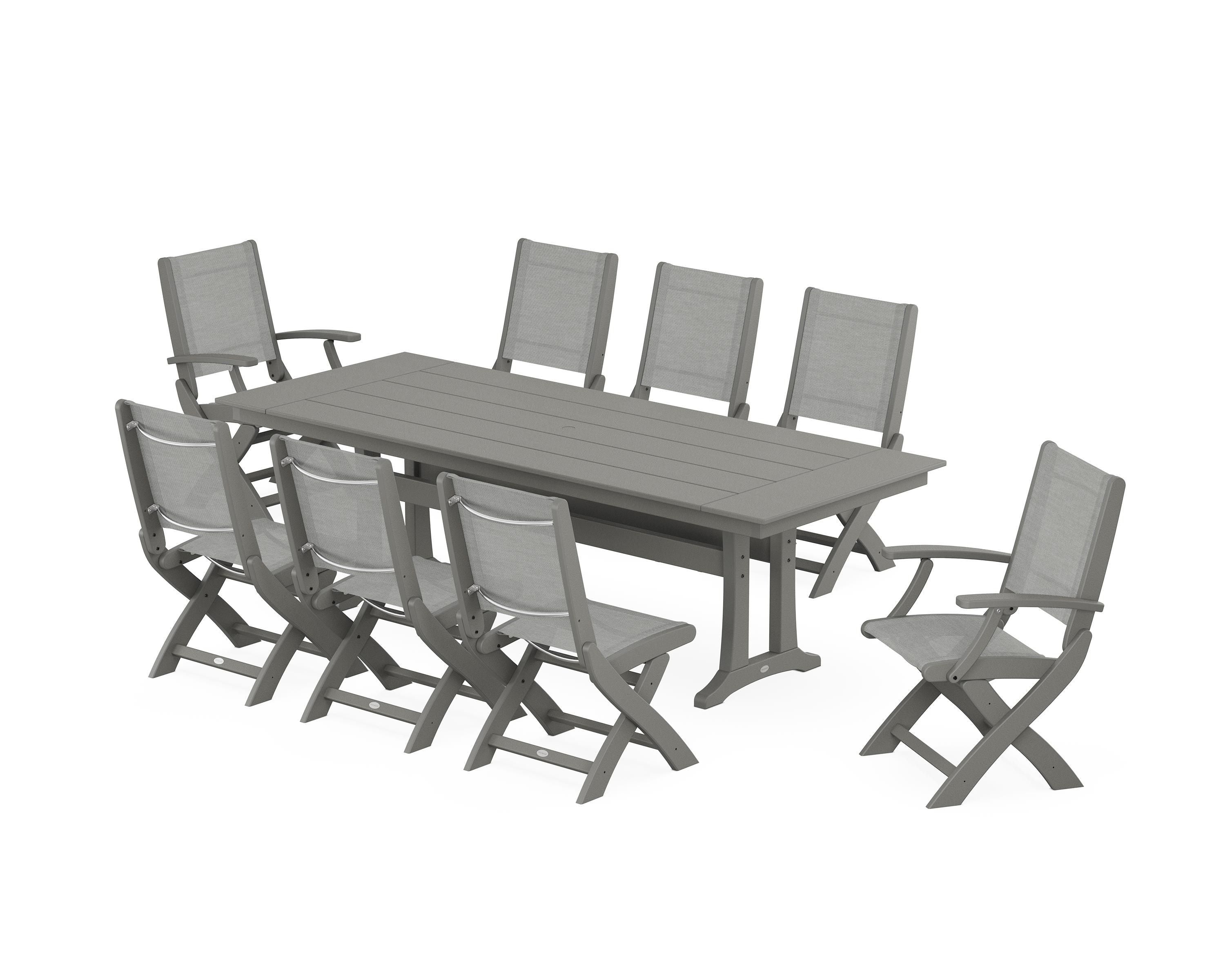 POLYWOOD® Coastal 9-Piece Folding Dining Chair Farmhouse Dining Set with Trestle Legs in Slate Grey / Metallic Sling