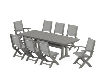 POLYWOOD® Coastal 9-Piece Folding Dining Chair Farmhouse Dining Set with Trestle Legs in Slate Grey / Metallic Sling