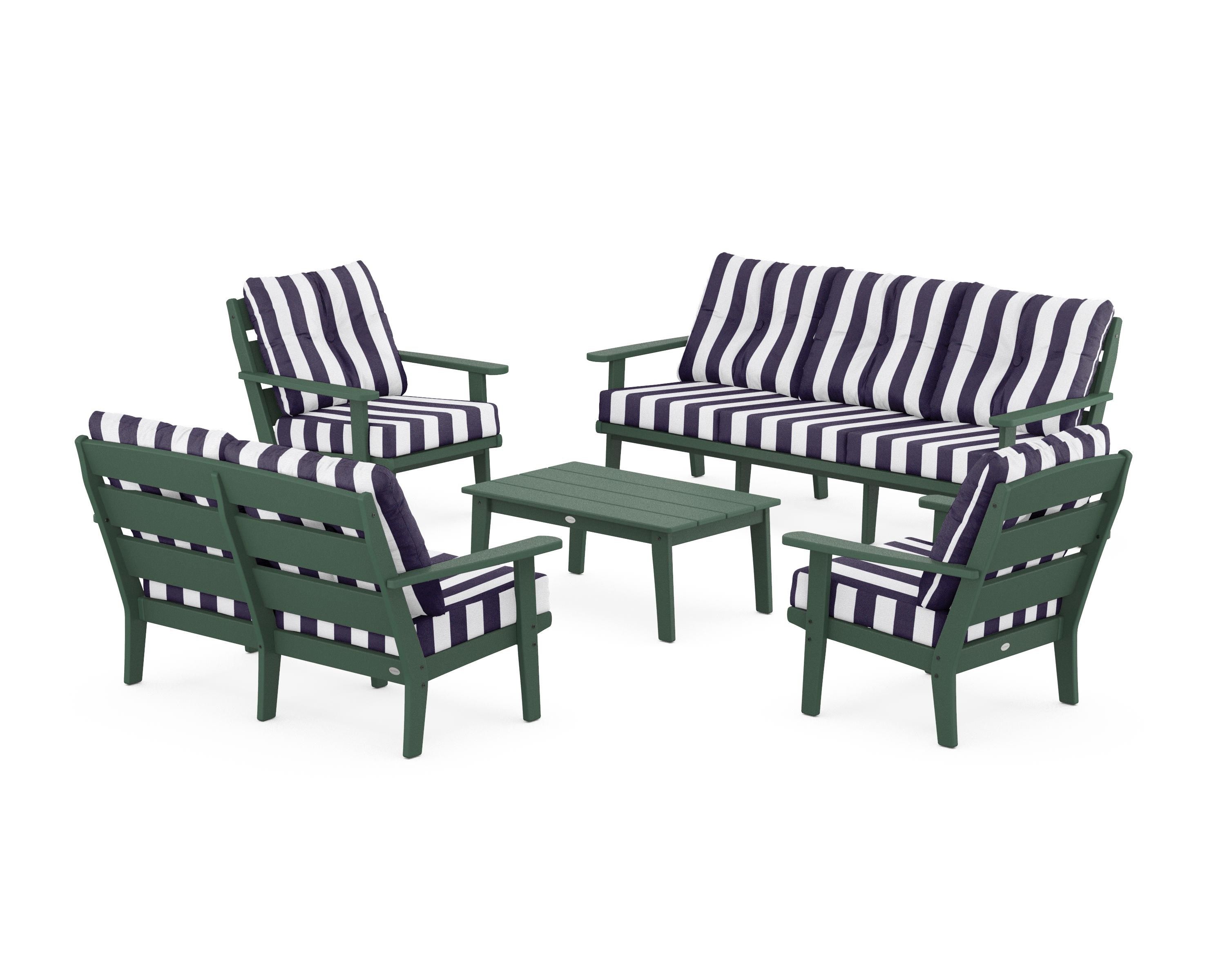 POLYWOOD® Lakeside 5-Piece Lounge Sofa Set in Green / Cabana Stripe Navy