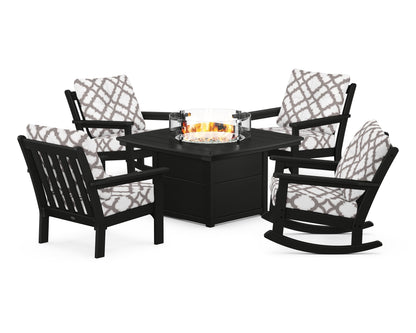 POLYWOOD® Vineyard 5-Piece Deep Seating Rocking Chair Conversation Set with Fire Pit Table in Black / Trellis Grey Mist