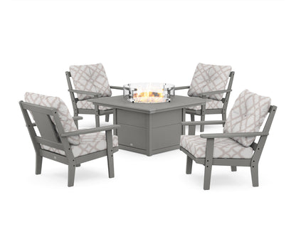 POLYWOOD® Prairie 5-Piece Deep Seating Set with Fire Pit Table in Slate Grey / Trellis Dune Burlap