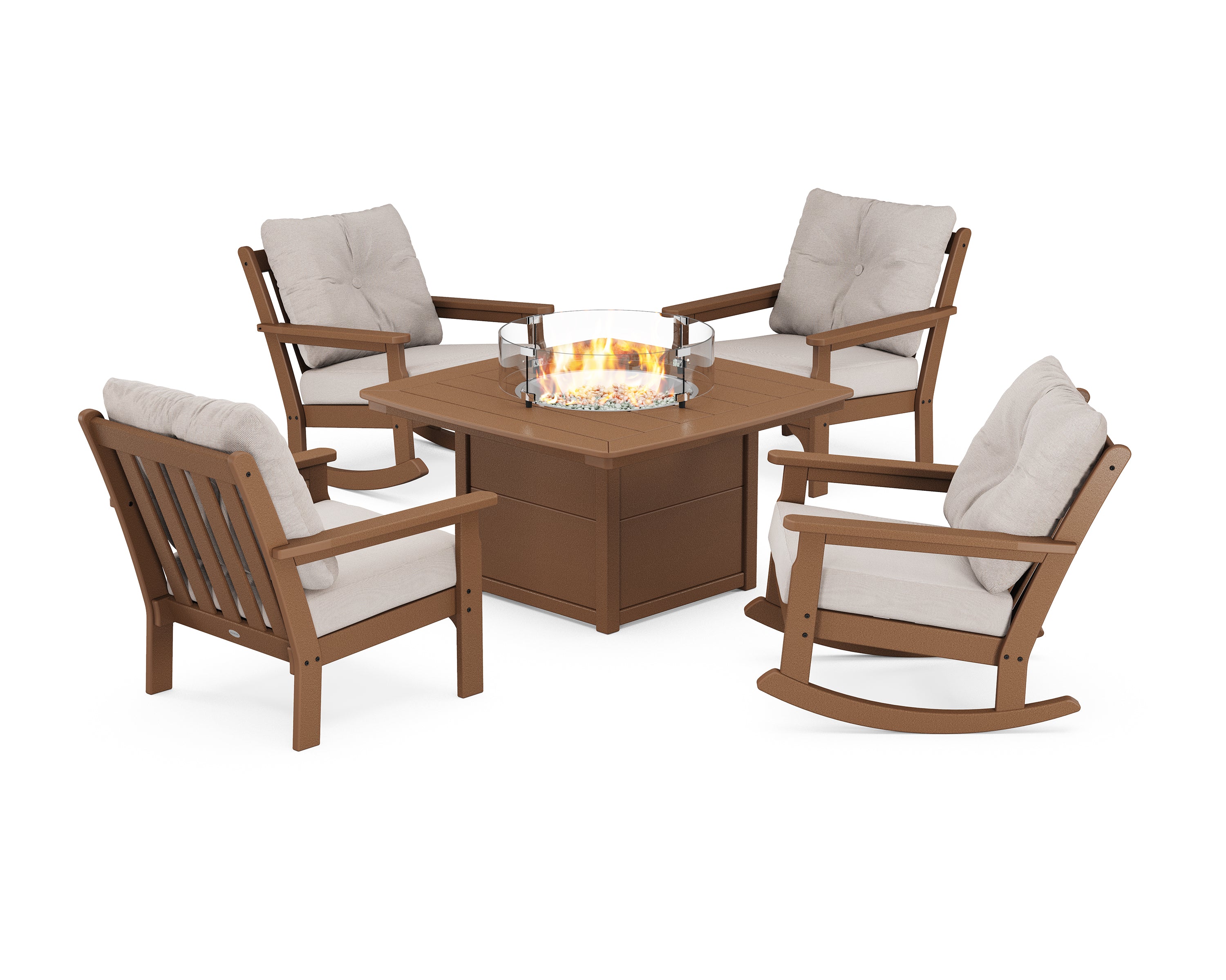 POLYWOOD® Vineyard 5-Piece Deep Seating Rocking Chair Conversation Set with Fire Pit Table in Teak / Dune Burlap