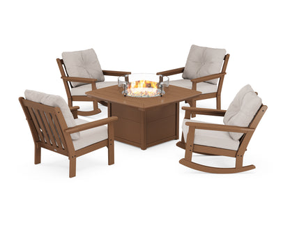 POLYWOOD® Vineyard 5-Piece Deep Seating Rocking Chair Conversation Set with Fire Pit Table in Teak / Dune Burlap