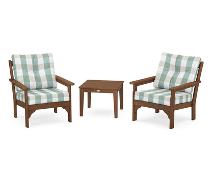 POLYWOOD® Vineyard 3-Piece Deep Seating Set in Teak / Buffalo Plaid Glacier Spa