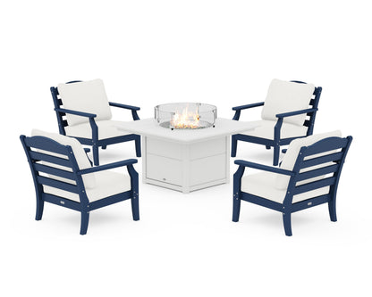 Draper James™ by  POLYWOOD® Savannah 5-Piece Deep Seating Set with Fire Pit Table in Navy / Natural Linen