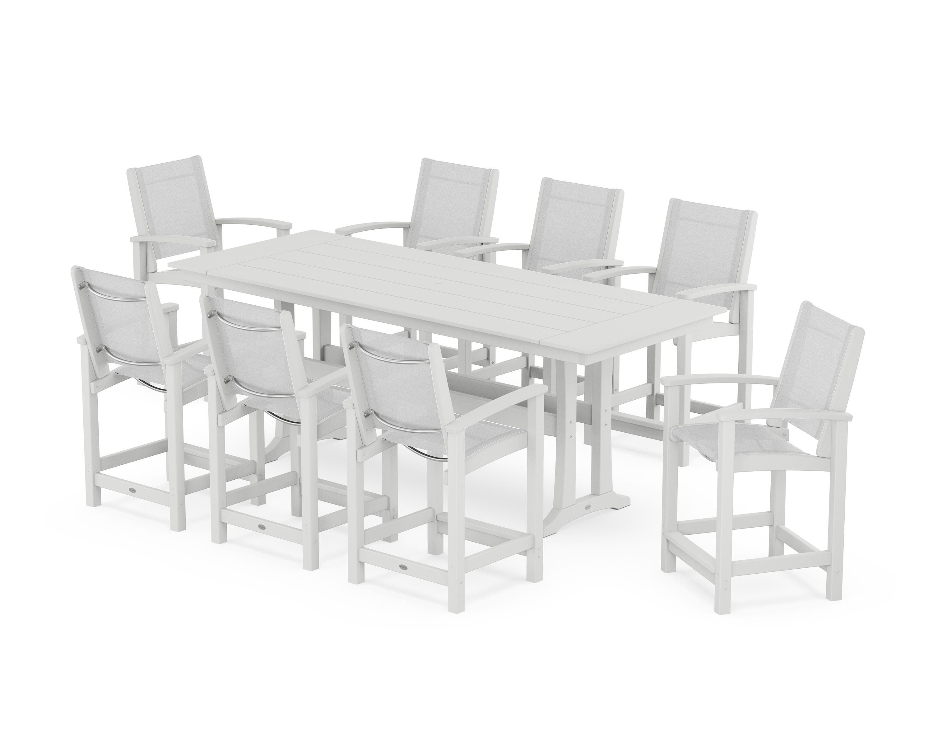 POLYWOOD® Coastal 9-Piece Farmhouse Counter Set with Trestle Legs in White / White Sling