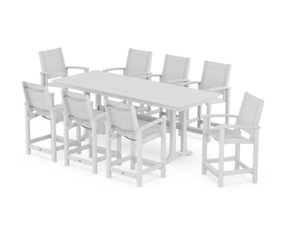 POLYWOOD® Coastal 9-Piece Farmhouse Counter Set with Trestle Legs in White / White Sling
