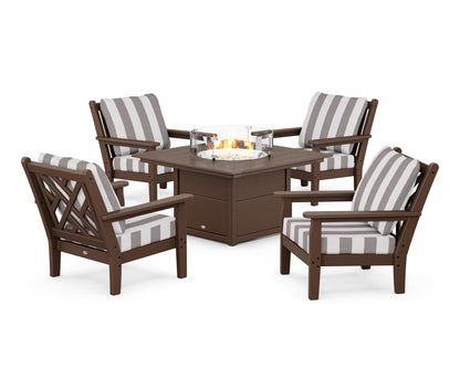 POLYWOOD® Chippendale 5-Piece Deep Seating Set with Fire Pit Table in Mahogany / Cabana Stripe Grey Mist