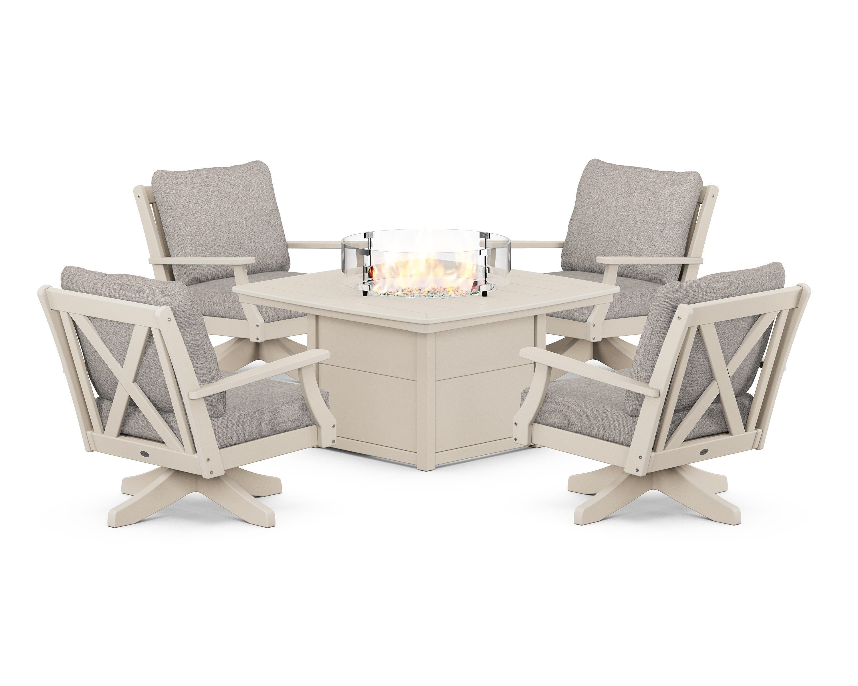 POLYWOOD® Braxton 5-Piece Deep Seating Swivel Conversation Set with Fire Pit Table in Sand / Weathered Tweed