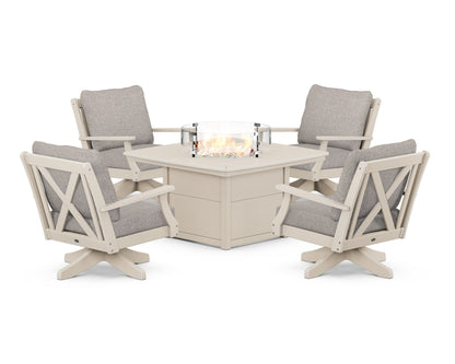 POLYWOOD® Braxton 5-Piece Deep Seating Swivel Conversation Set with Fire Pit Table in Sand / Weathered Tweed