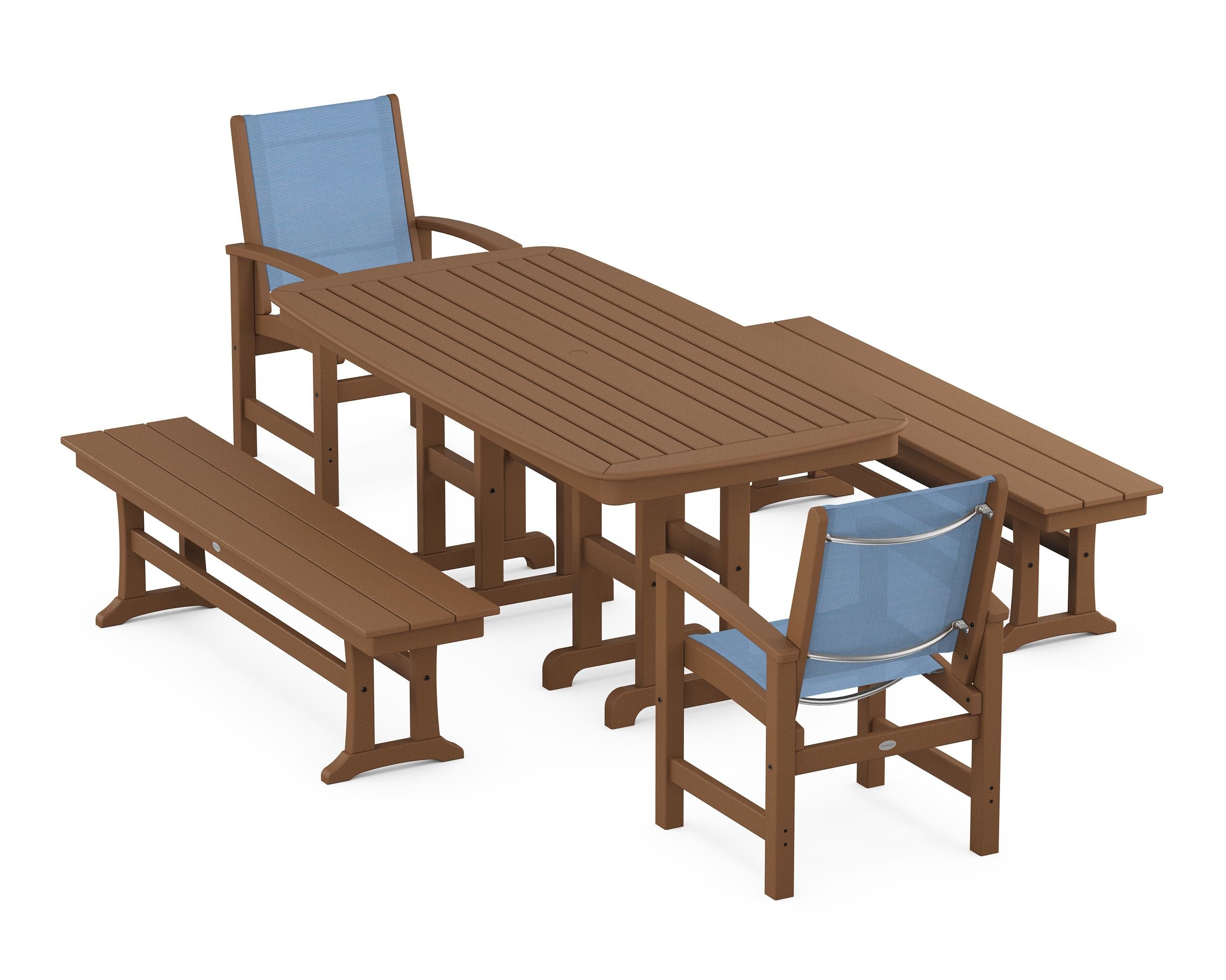 POLYWOOD® Coastal 5-Piece Dining Set in Teak / Poolside Sling