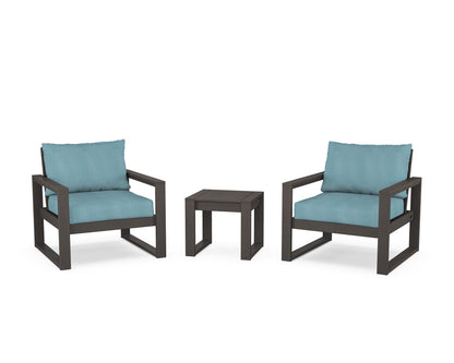 POLYWOOD® EDGE Sectional 3-Piece Deep Seating Set in Vintage Coffee / Lattice Sky Blue