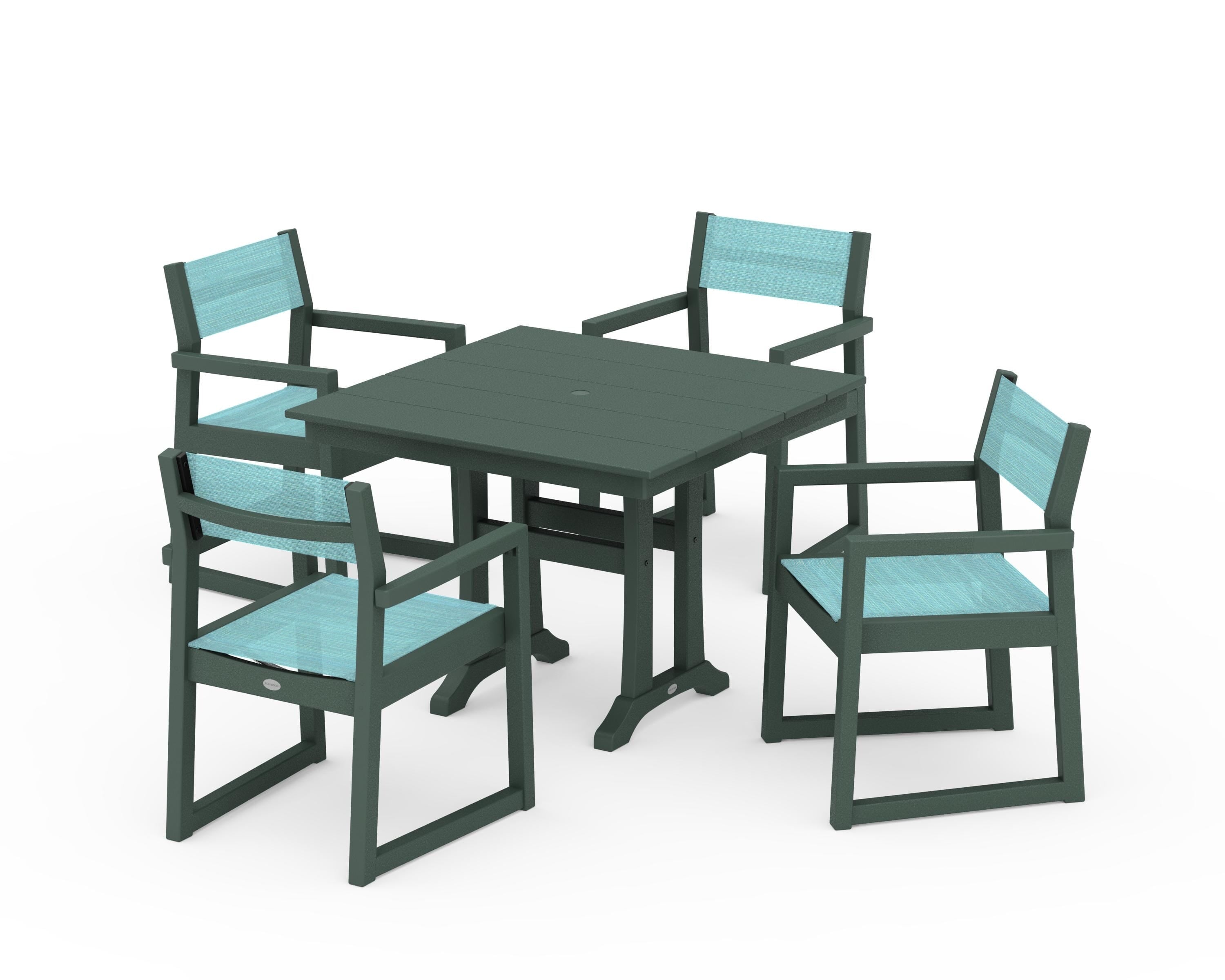 POLYWOOD® EDGE Sling 5-Piece Farmhouse Dining Set with Trestle Legs in Green / Dupioni Aquamarine Sling