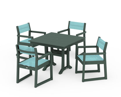 POLYWOOD® EDGE Sling 5-Piece Farmhouse Dining Set with Trestle Legs in Green / Dupioni Aquamarine Sling