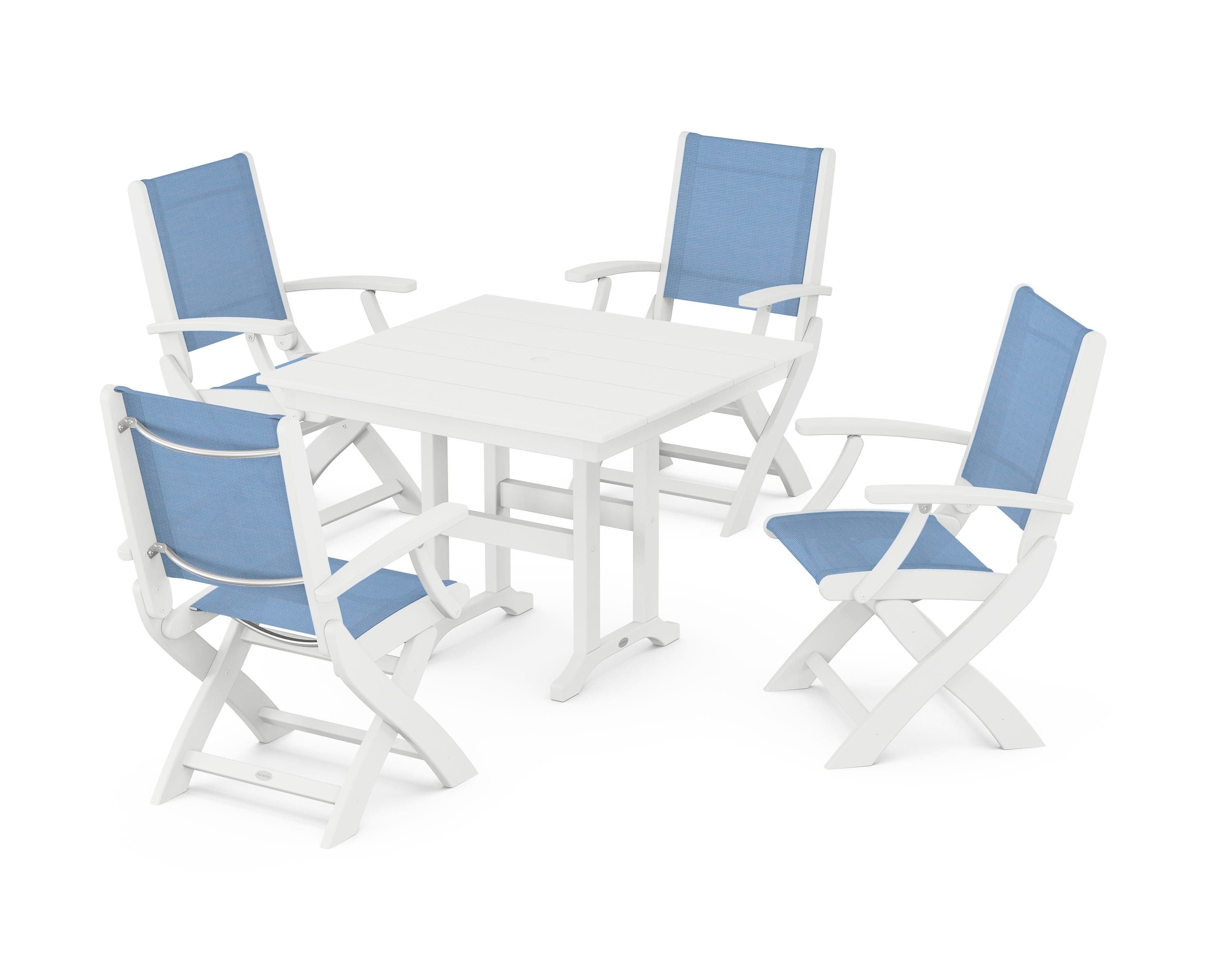 POLYWOOD® Coastal Folding Chair 5-Piece Farmhouse Dining Set in White / Poolside Sling