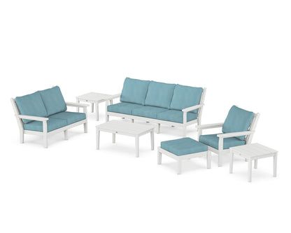 POLYWOOD® Chippendale 7-Piece Deep Seating Set in White / Lattice Sky Blue