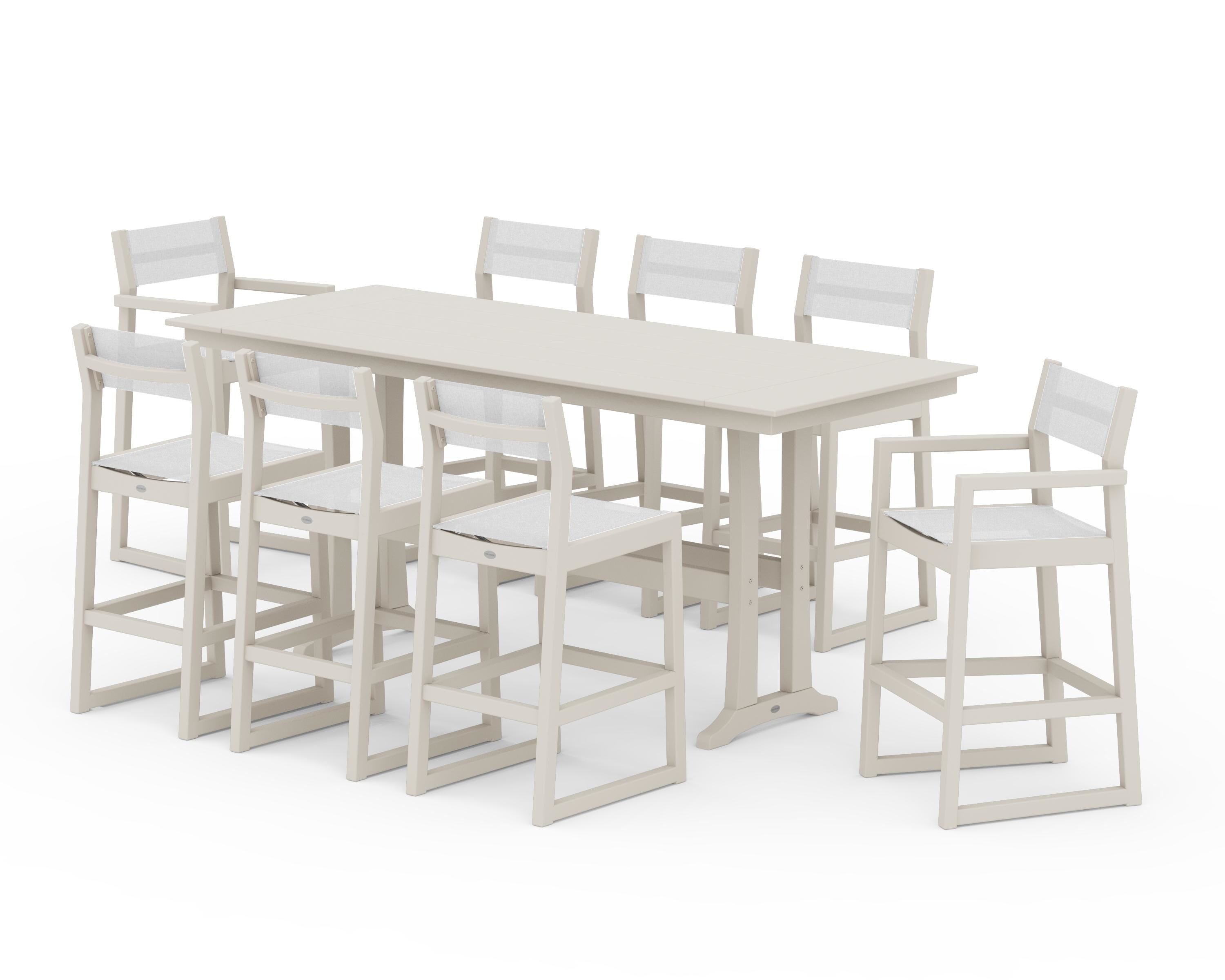 POLYWOOD® EDGE Sling 9-Piece Farmhouse Bar Set with Trestle Legs in Sand / White Sling