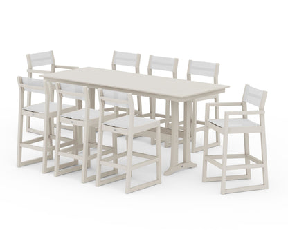 POLYWOOD® EDGE Sling 9-Piece Farmhouse Bar Set with Trestle Legs in Sand / White Sling